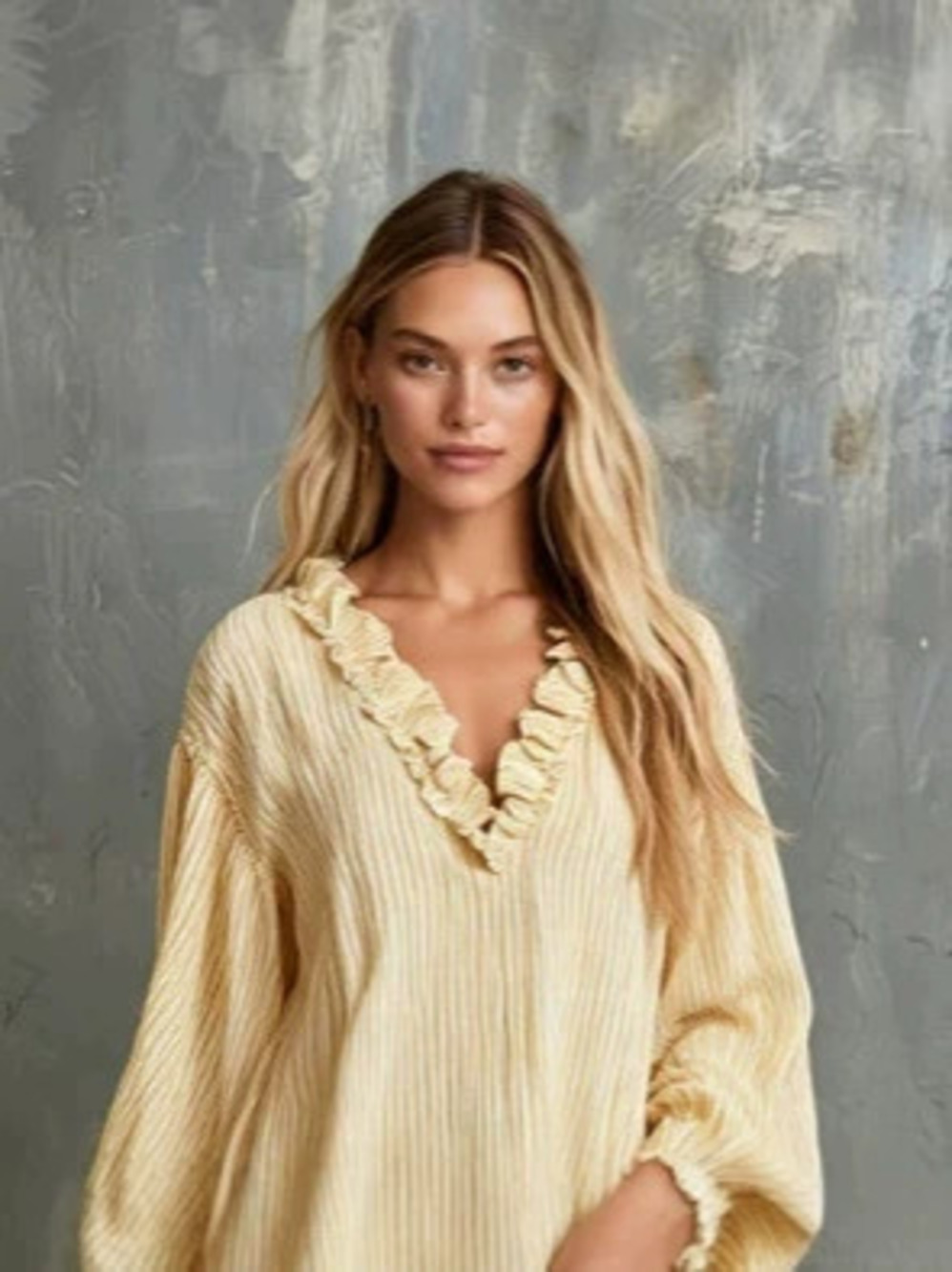 Retro Casual Yellow Striped Ruffle Collar Long Sleeve Mini Dress